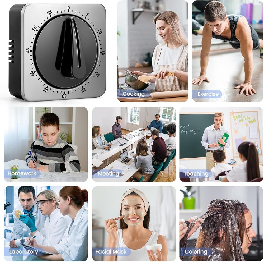 Mechanical Kitchen Timer Stainless Steel Magnetic 60-Minute Wind-Up Timer Black