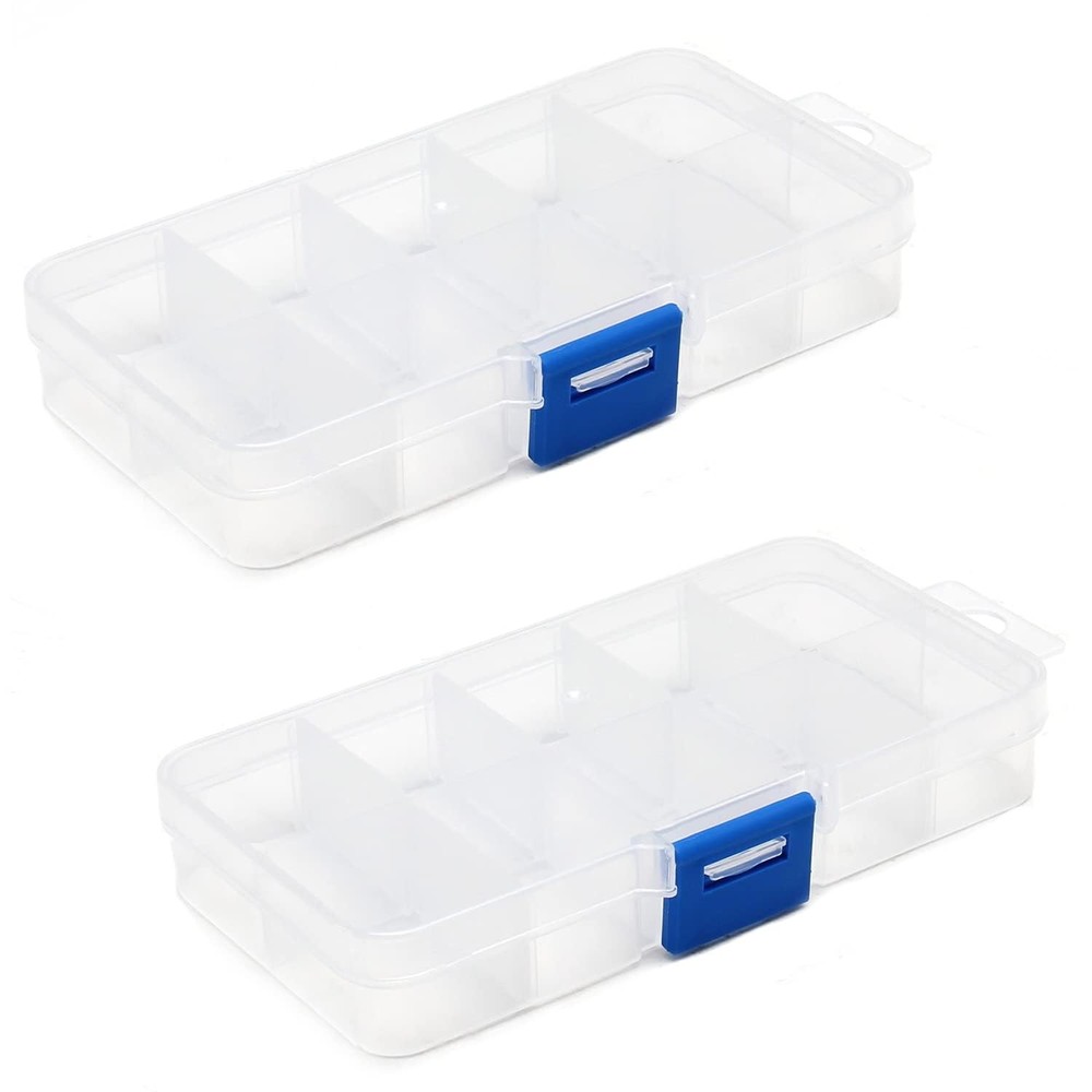 2Pcs Small 10 Grids Clear Plastic Organizer Craft Storage with Adjustable Div...