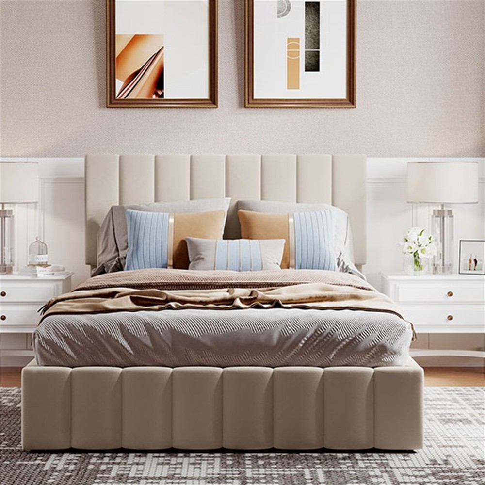 Full Size Upholstered Platform Bed Frame w/ Hydraulic Storage System Beige