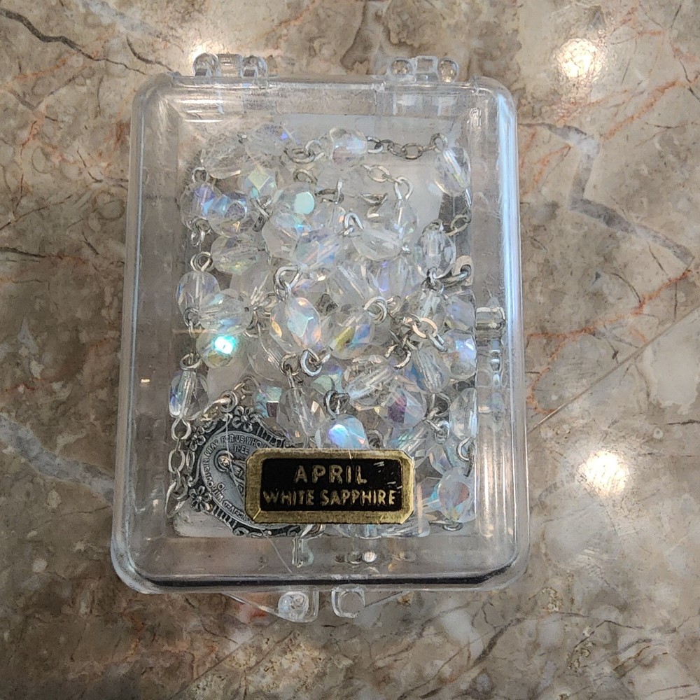 White Sapphire April Birthstone Rosary Bead Set Catholic Christian Mother Mary