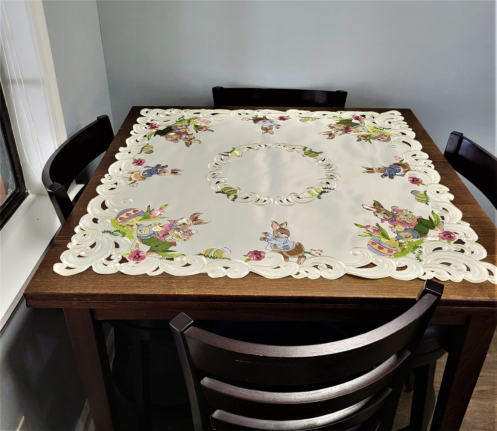 Doily Boutique Table Runner, Doily, Mantel Scarf with Easter Bunny on Ivory