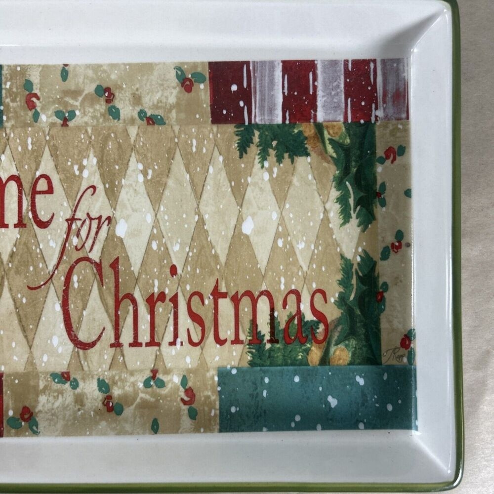 Home For Christmas Stoneware Lime Green Rectangular Serving Platter Retro Vtg