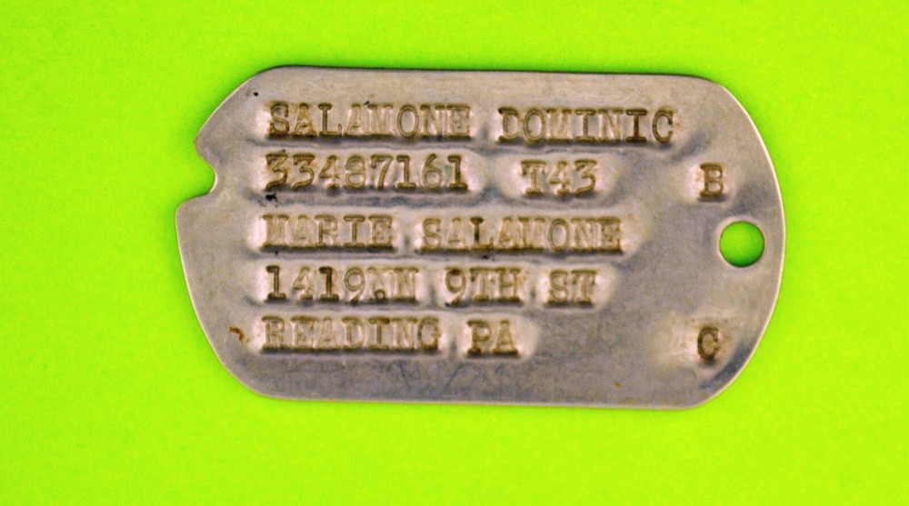 ORIGINAL WWII Next of Kin Dog Tag – SALAMONE DOMINIC- T43 – READING PA