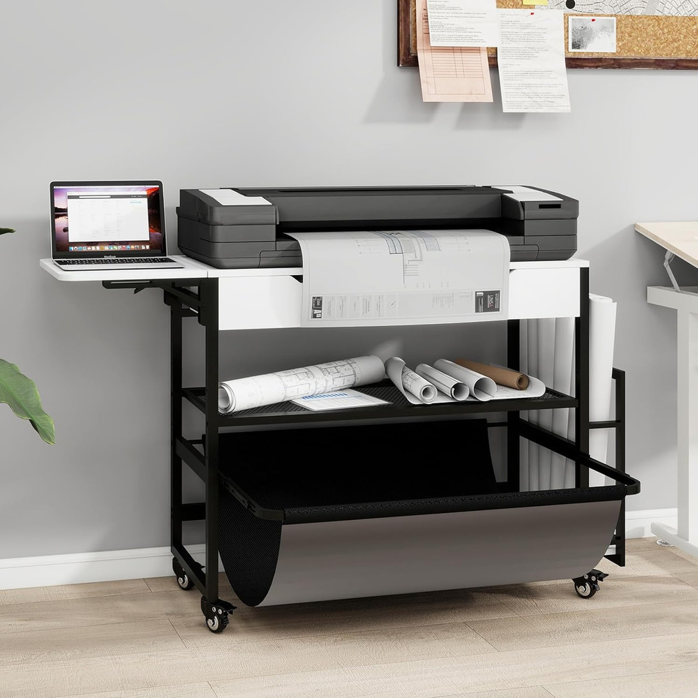 Wide Format Printer Stand with Laptop Station, Plotter Workbench Table with Pull