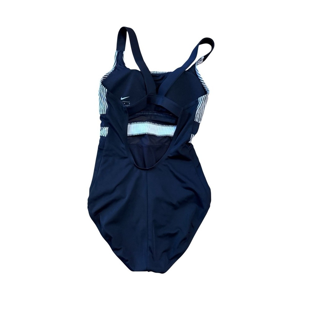 Nike Mesh Solid Edge V-Back One Piece Swimsuit Black Striped Medium Athletic
