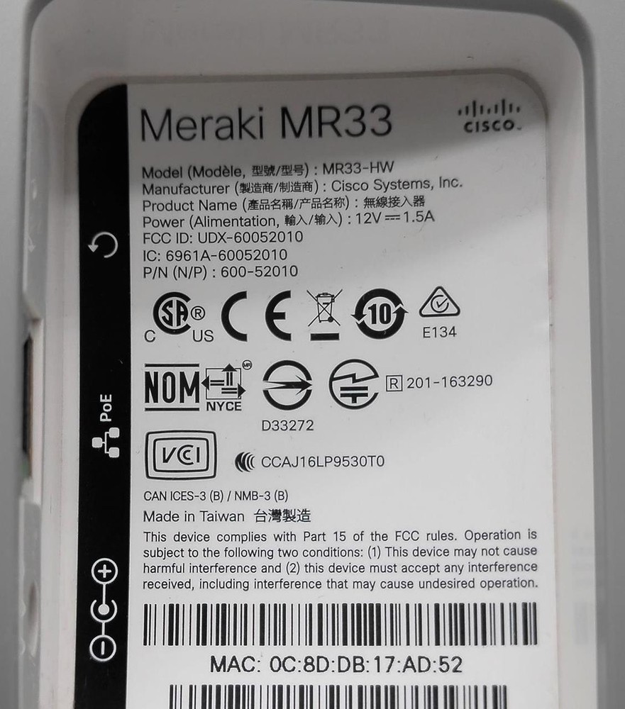 CISCO MERAKI MR33 MR33-HW WIRELESS ACCESS POINT *UNCLAIMED