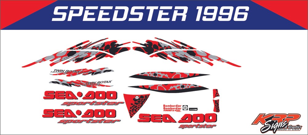 SeaDoo Speedster 1996 Red, Black & Grey Graphics / Decal Replacement Kit