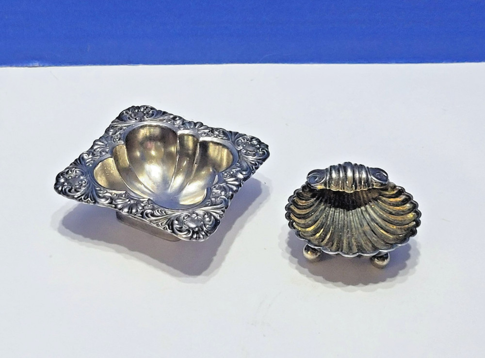 Antique Silverplated Salt Cellars Square and Shell Shaped Pair