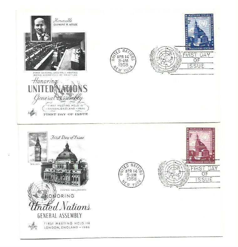 UN NY #61-62 3c + 8c General Assembly, two ArtCraft FDCs