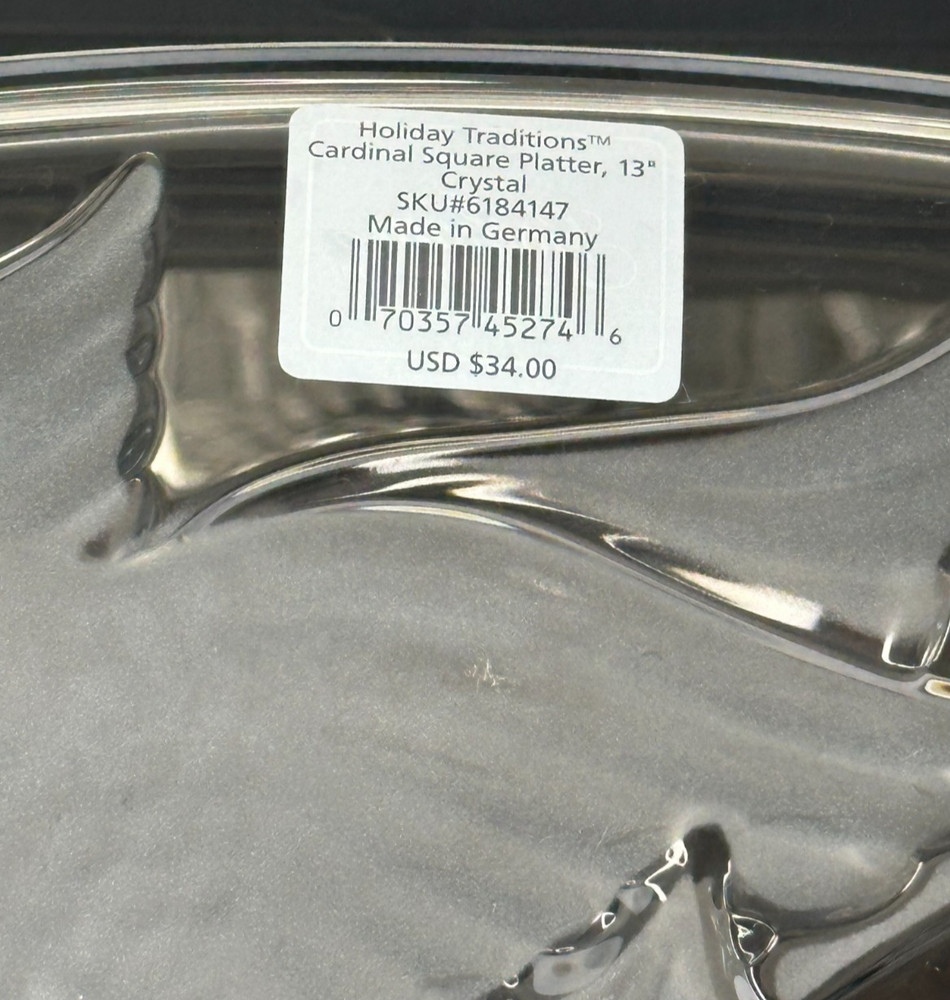 Gorham Crystal Holiday Traditions Cardinal Square Platter 12"