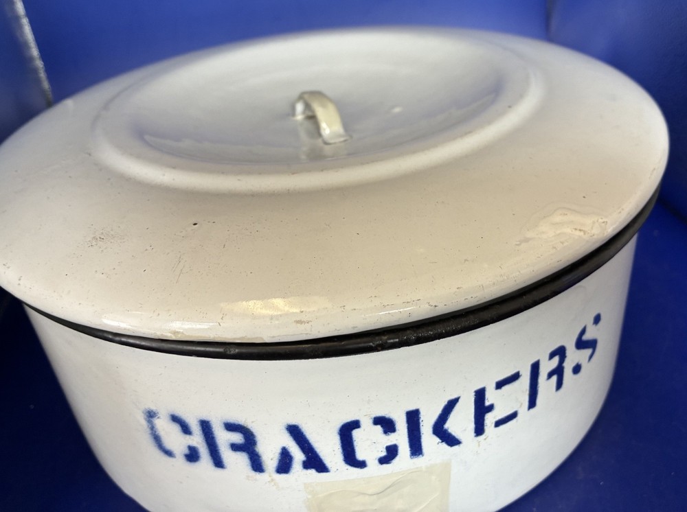 Antique White Enamel Ware Crackers Tin With Lid