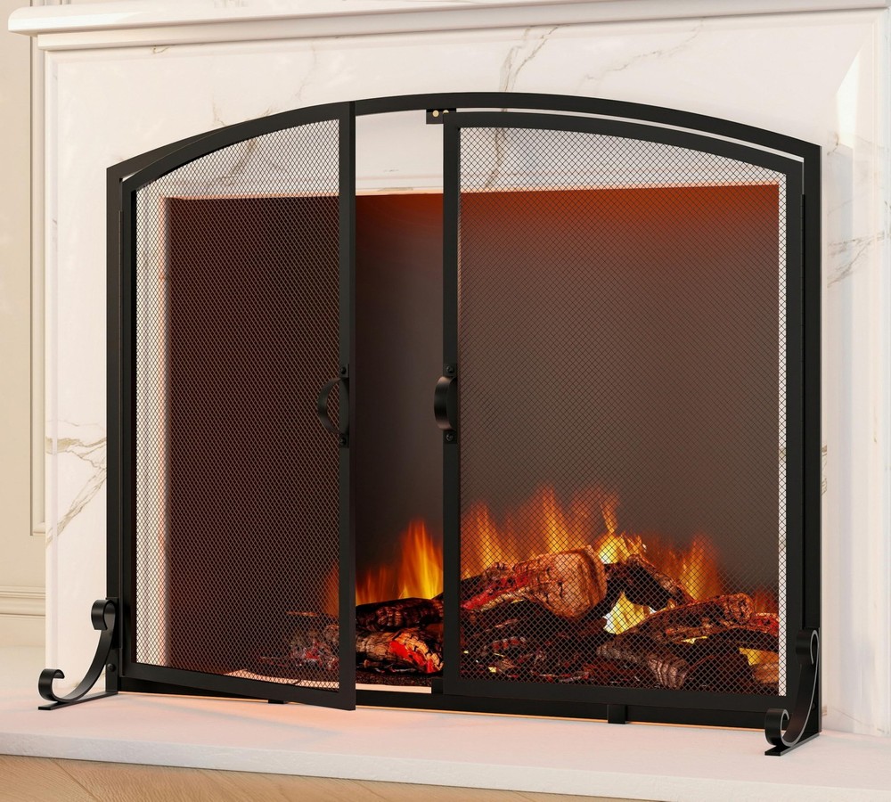 2-Pannel Fireplace Screen with Doors, Handcrafted Solid Mesh,Stable Adjustabl...