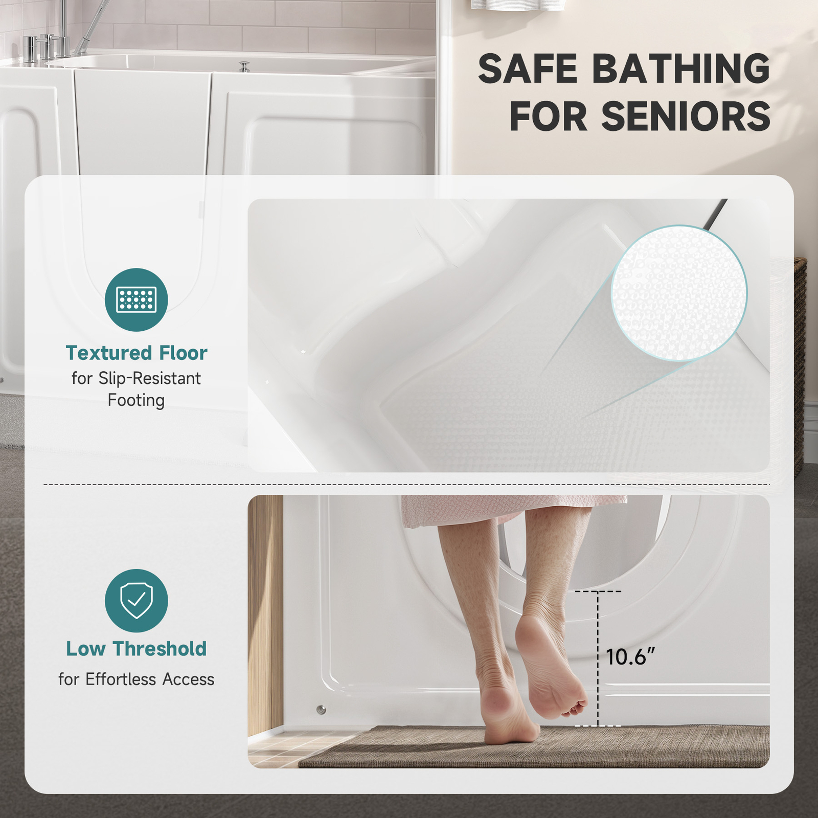 CO-Z Walk-In Tub 52" x 30" Low Entry with Shower Sprayer & Slip Resistant Floor