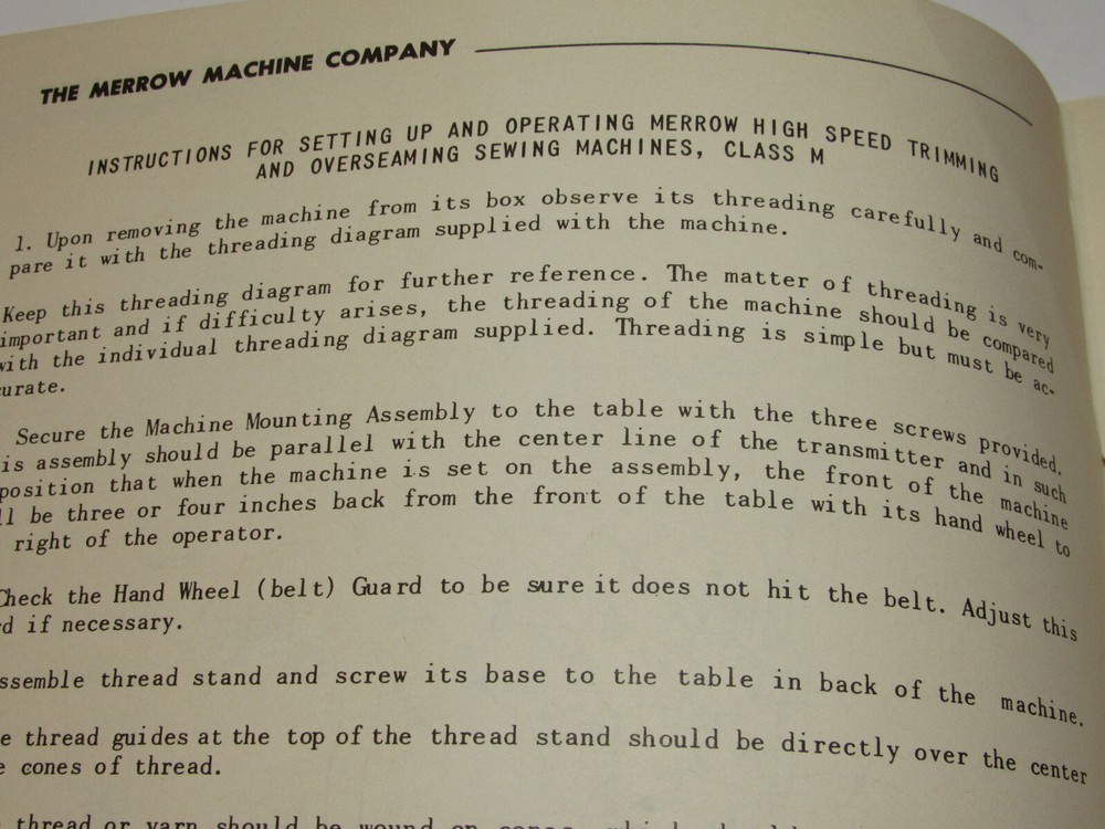 MERROW SEWING MACHINE CLASS M INSTRUCTIONS FOR SETTING UP & OPERATING! MANUAL!