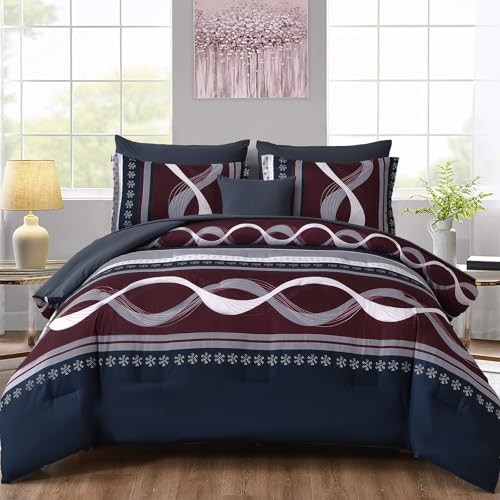 Striped Comforter Set Size,8 Pieces Bed in a Bag Patchwork Queen Blue Red