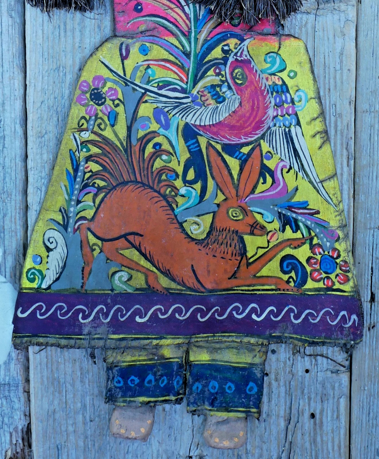 Girl Fish Hat Hand Painted Bird & Deer Handmade Canvas & Coconut Mexico Folk Art