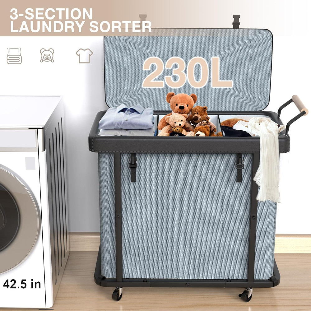 60 Gal (230L) Laundry Hamper 3 Section with Lid, Leather Patchwork Laundry Sorte