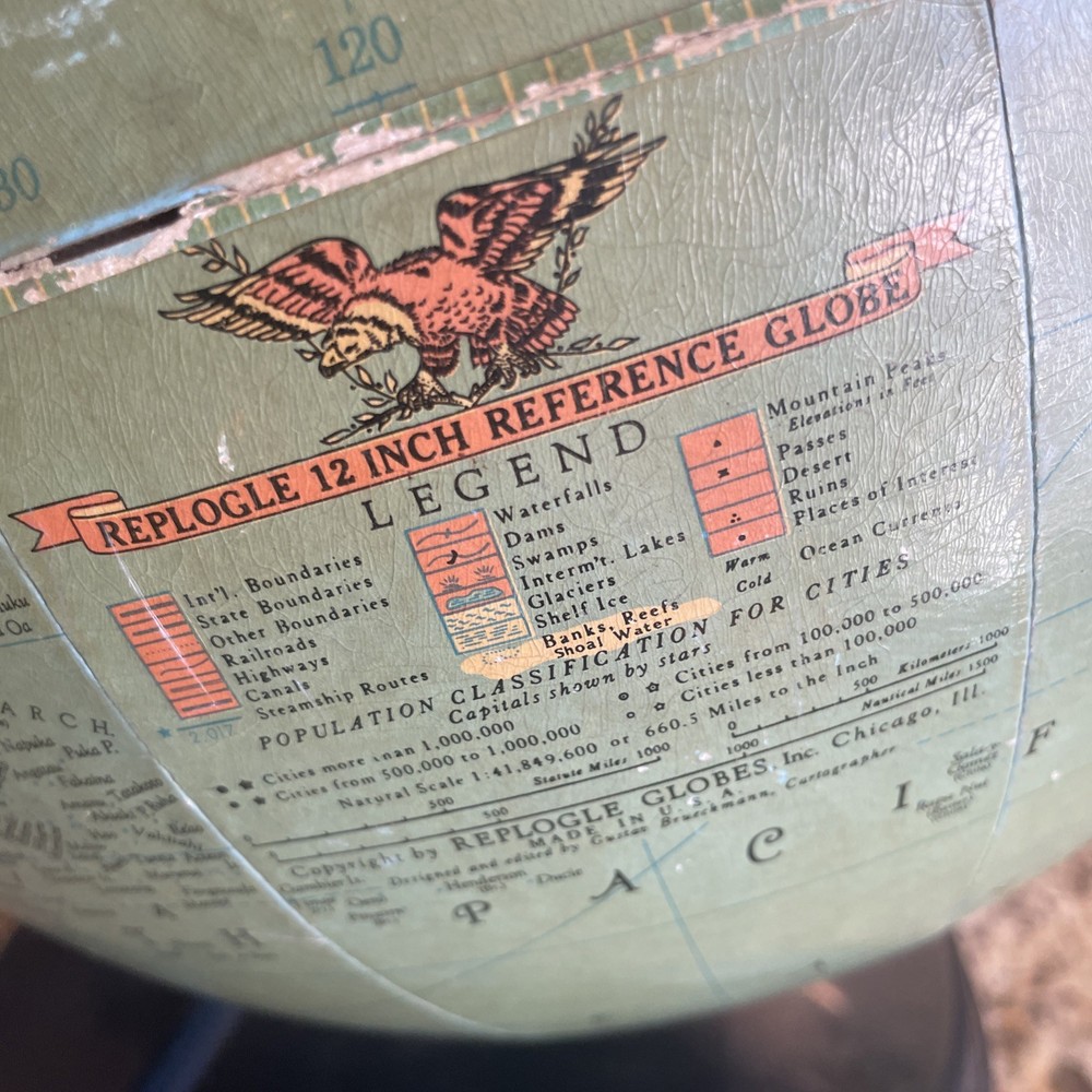Vintage REPLOGLE 12 inch reference globe Made in USA year unknown