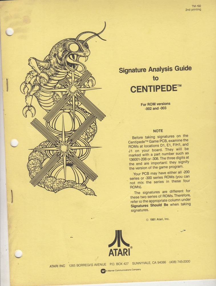Atari CENTIPEDE - Signature Analysis Guide - ORIGINAL
