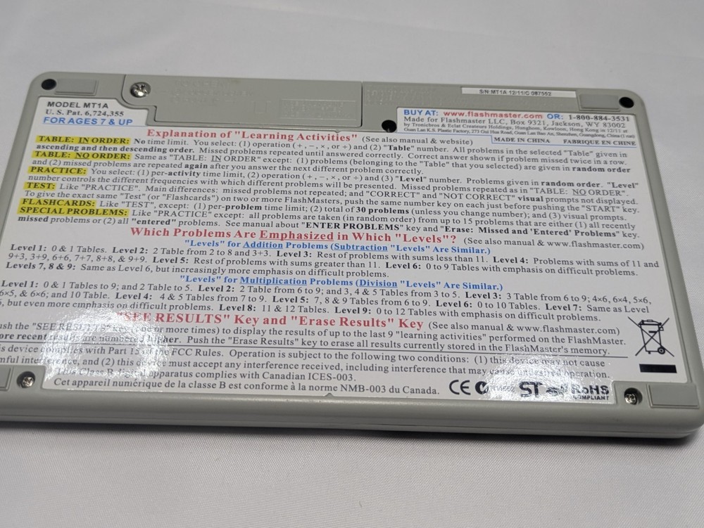 FlashMaster Math Tables Learning Device MT1A Electronic Flashcards Kids Untested