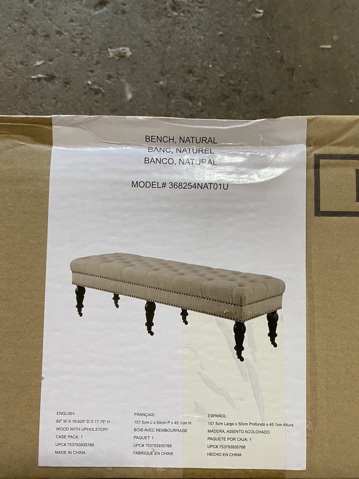 Linon Isabelle 62" Bench in Beige