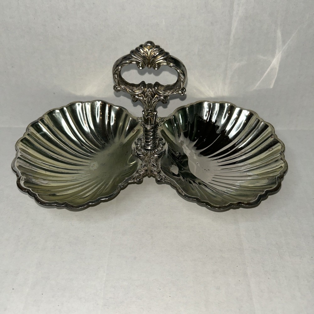 Vintage Silvertone Double Clamshell Serving dish Unpolished FLAWED, Damaged