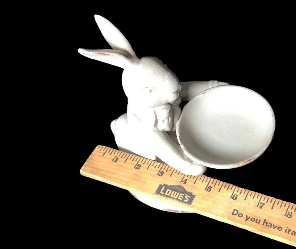 Easter Bunny Rabbit Holding Egg Candy Dish Spring Decor Gray Distressed