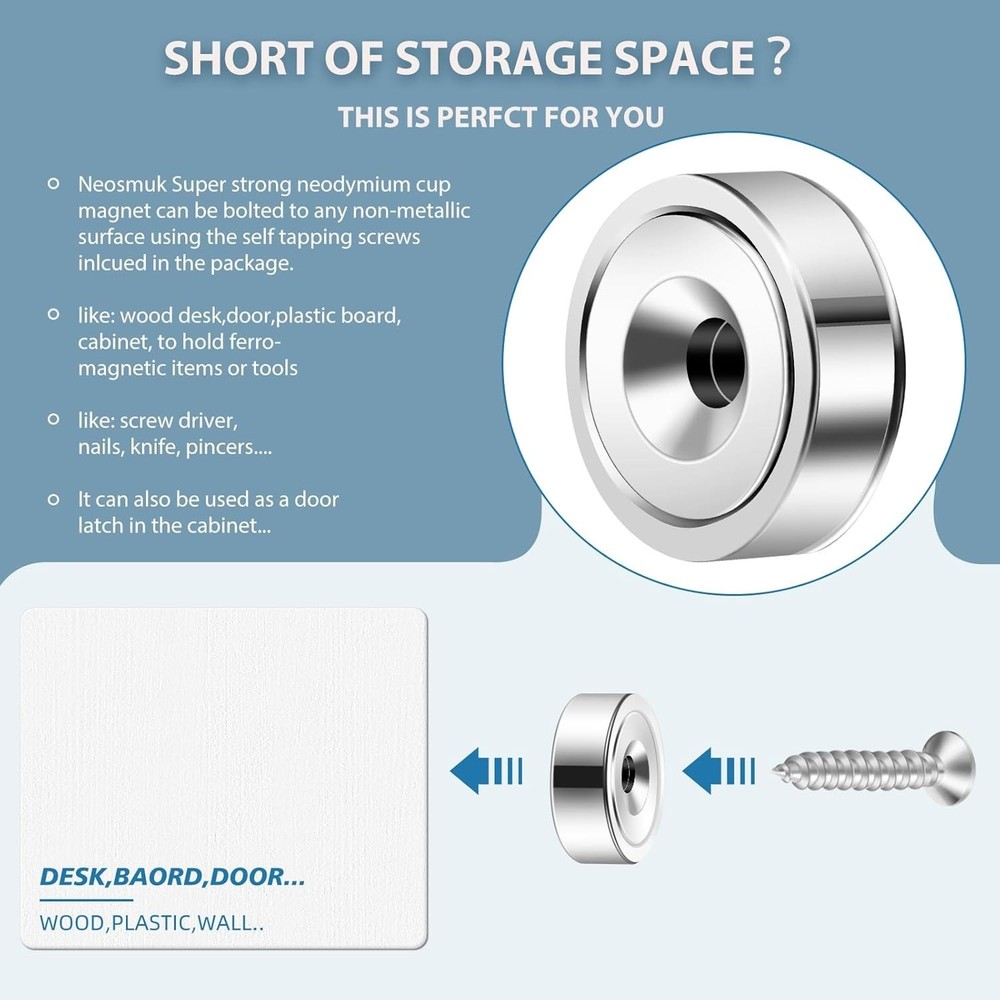 Strong Neodymium Mounting Magnets – 40lbs Pull Force with Screws, 6 Pack