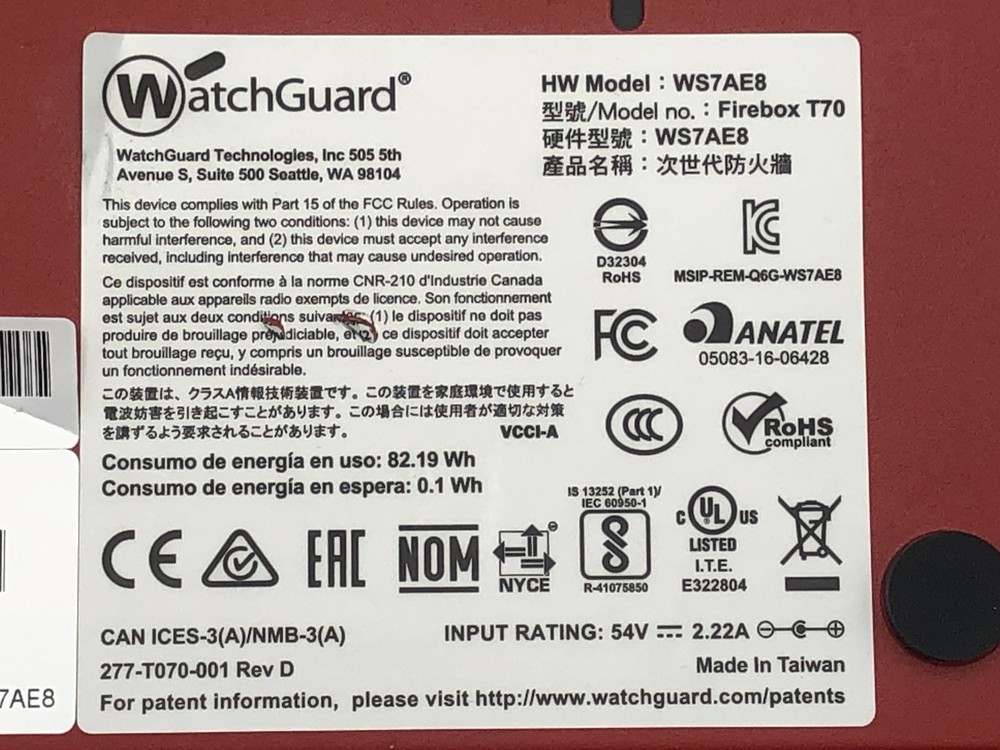WatchGuard Firebox T70 Network Security Firewall WS7AE8