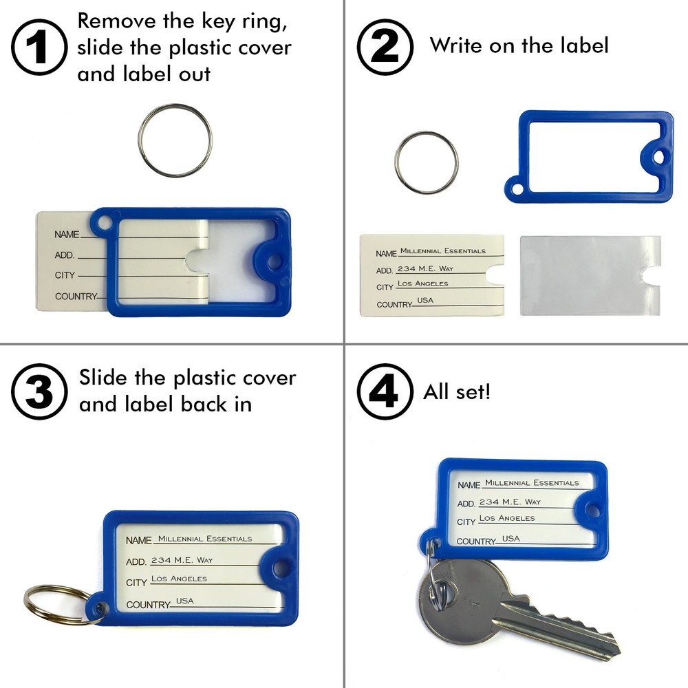 100pack Tough Plastic Key Tags with Split Ring Label Window, Coded ID Tags