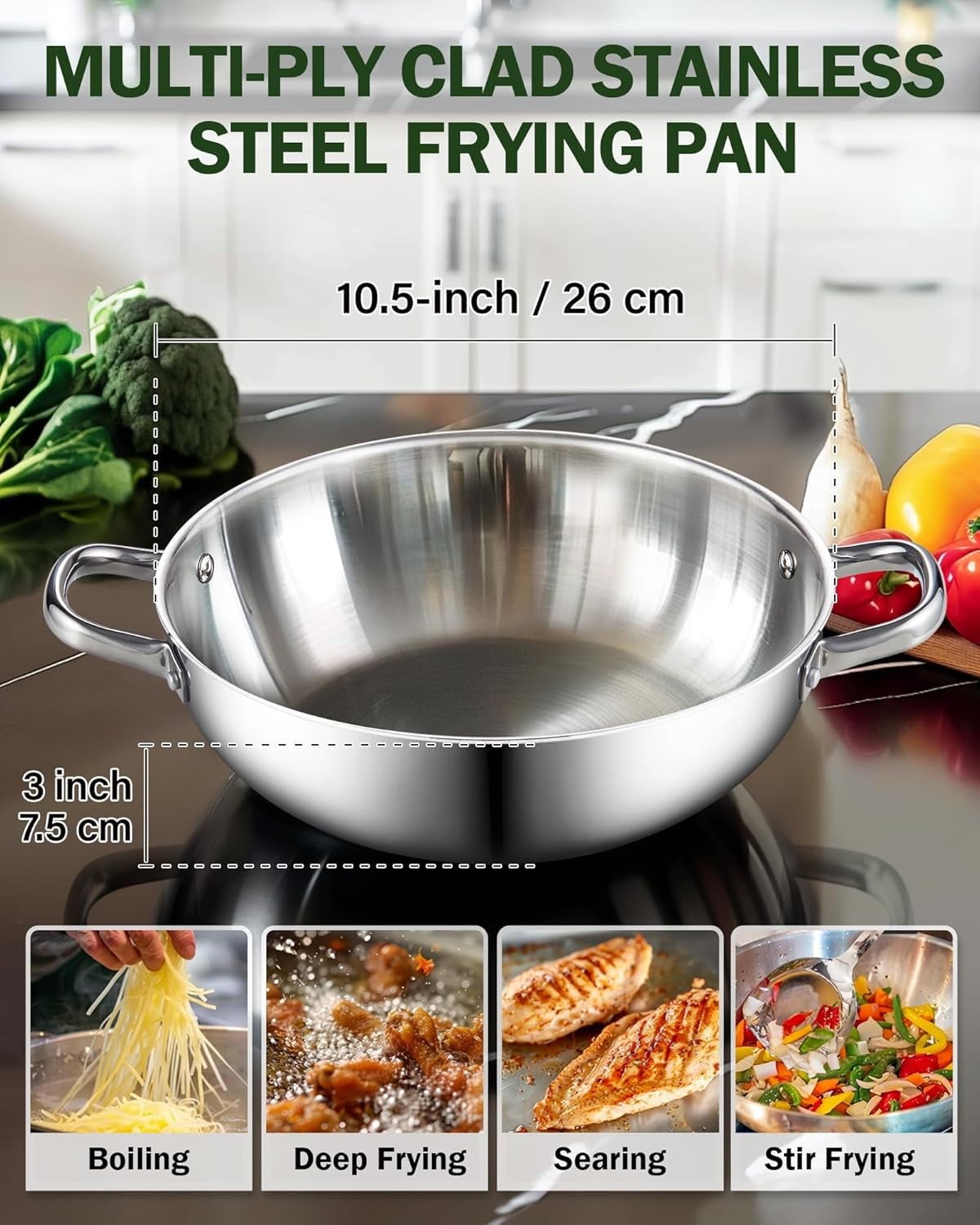 Cook N Home Tri-Ply Stainless Steel Wok, 12 Inch, Induction Compatible, Flat