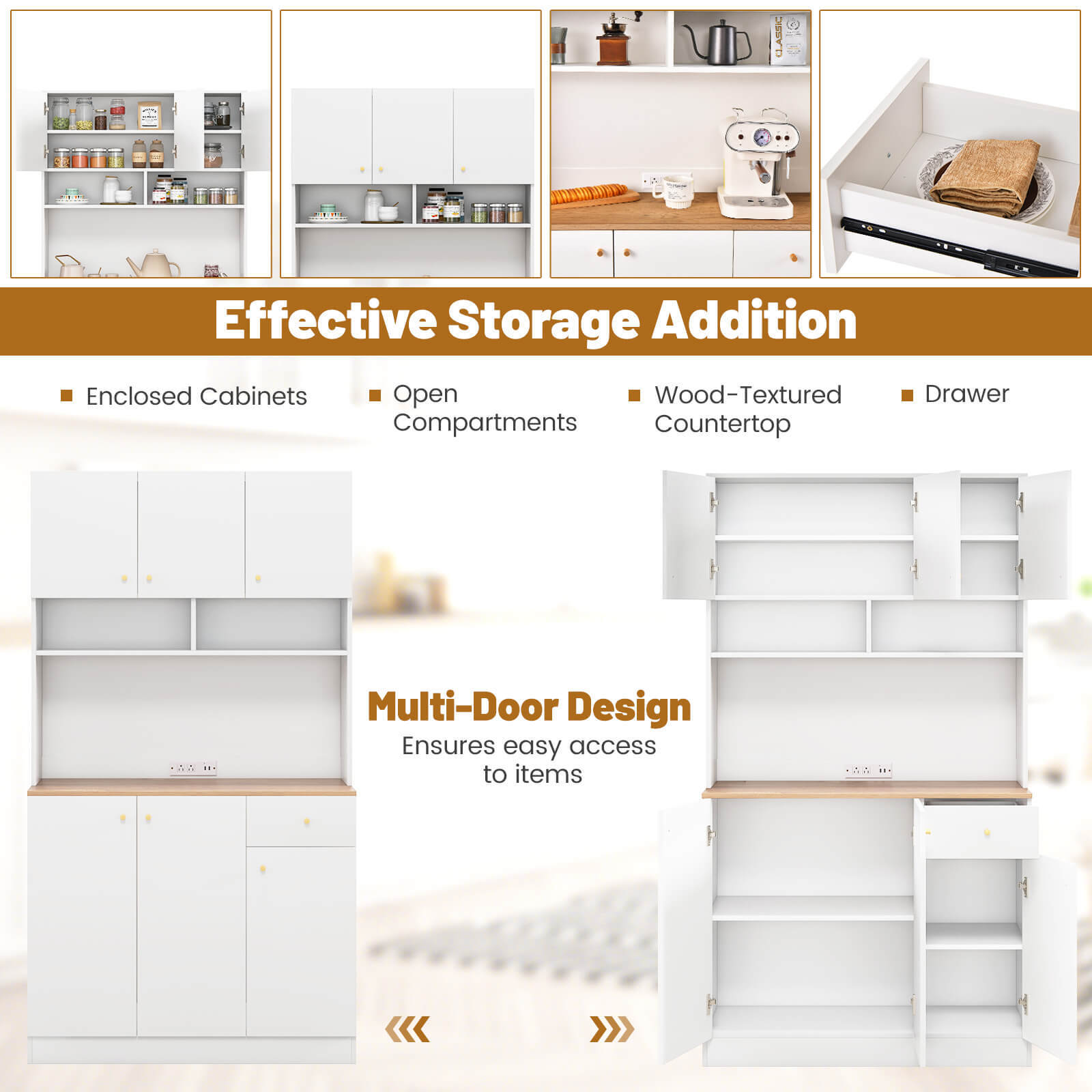 71" Tall Pantry Cabinet w/ Adjustable Shelves Outlets USB Ports Anti-Tipping