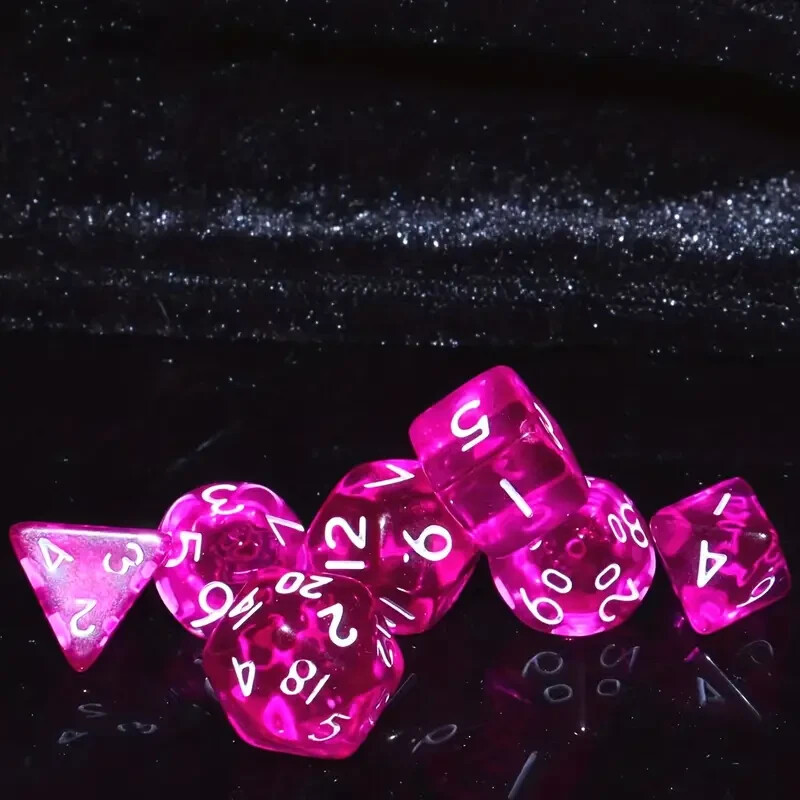 7pcs Mini Game Dice Set, Acrylic Multi-Sided Design Transparent Style Pink Table