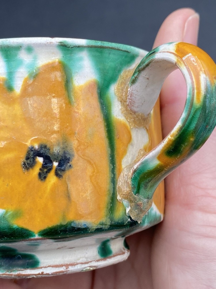 Vintage Rustic Drip Glaze Handled Cup Antique Pattern Yellow Green