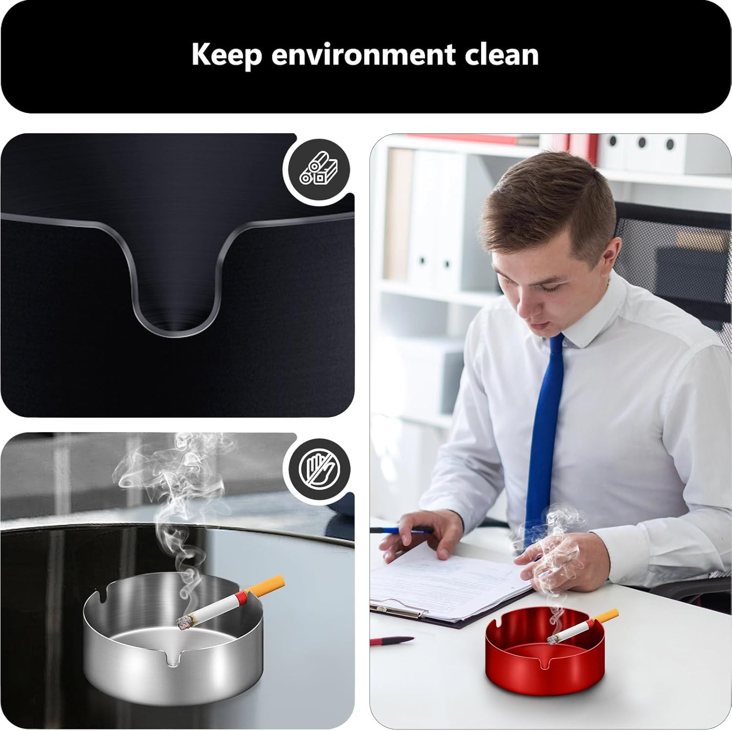 Roygra Ashtray 2 Pack, Stainless Steel Ash Tray for Indoor or Outdoor Use, Unbre