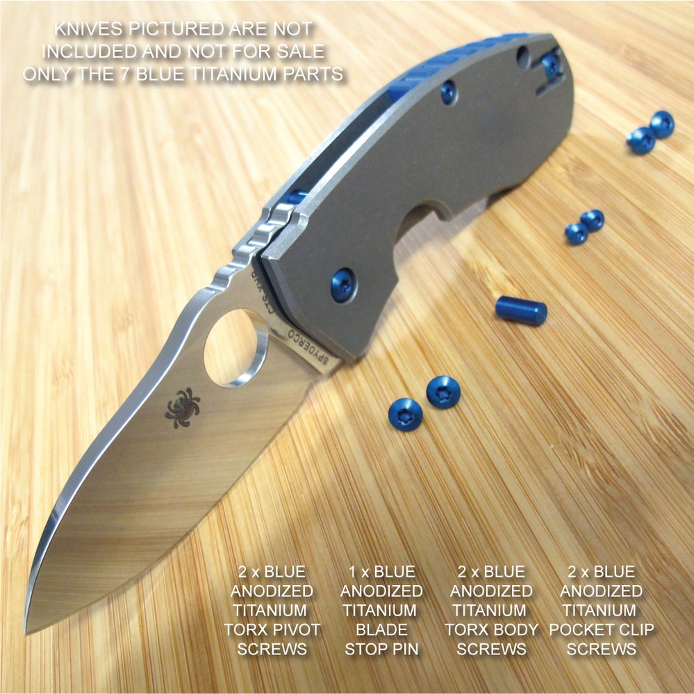 Spyderco Techno 7PC Titanium Screw Set plus Blade Stop Pin Anodized in BLUE