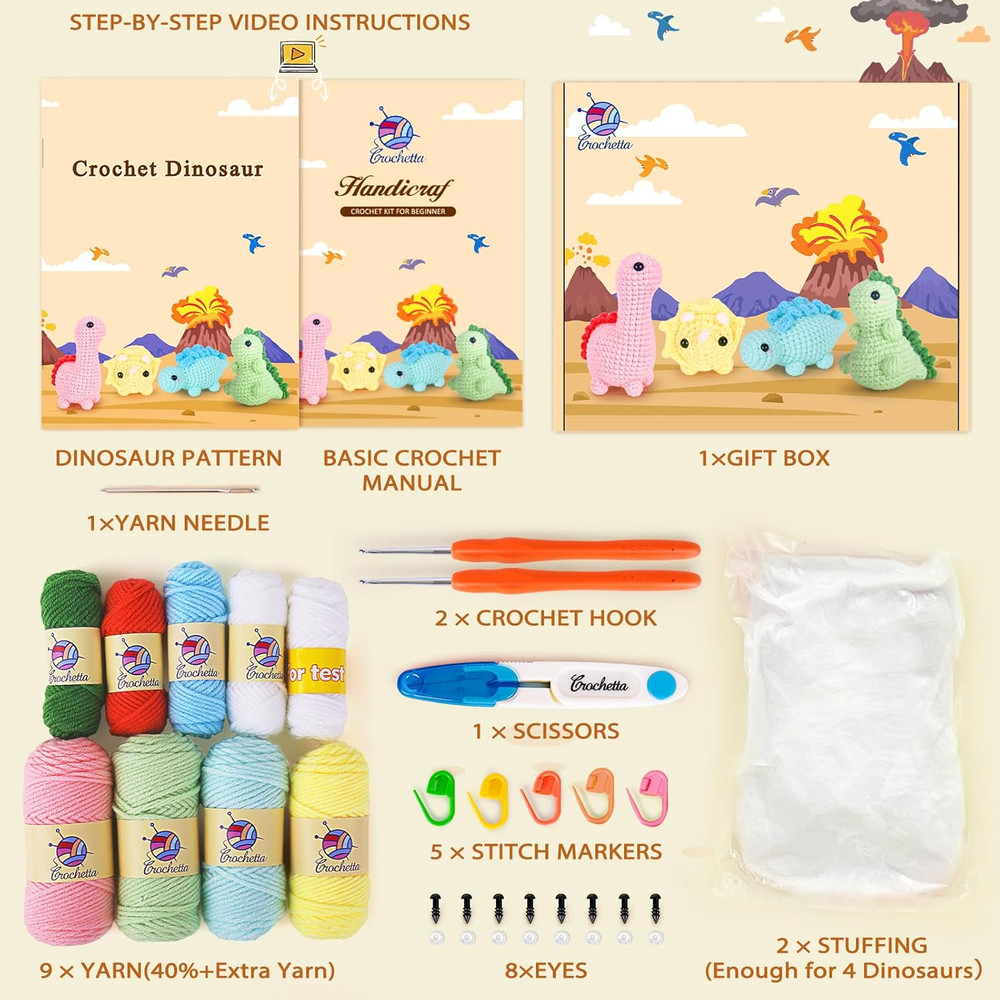 Beginner Crochet Kit with Video Tutorials - 4 Pack Dinosaur Patterns