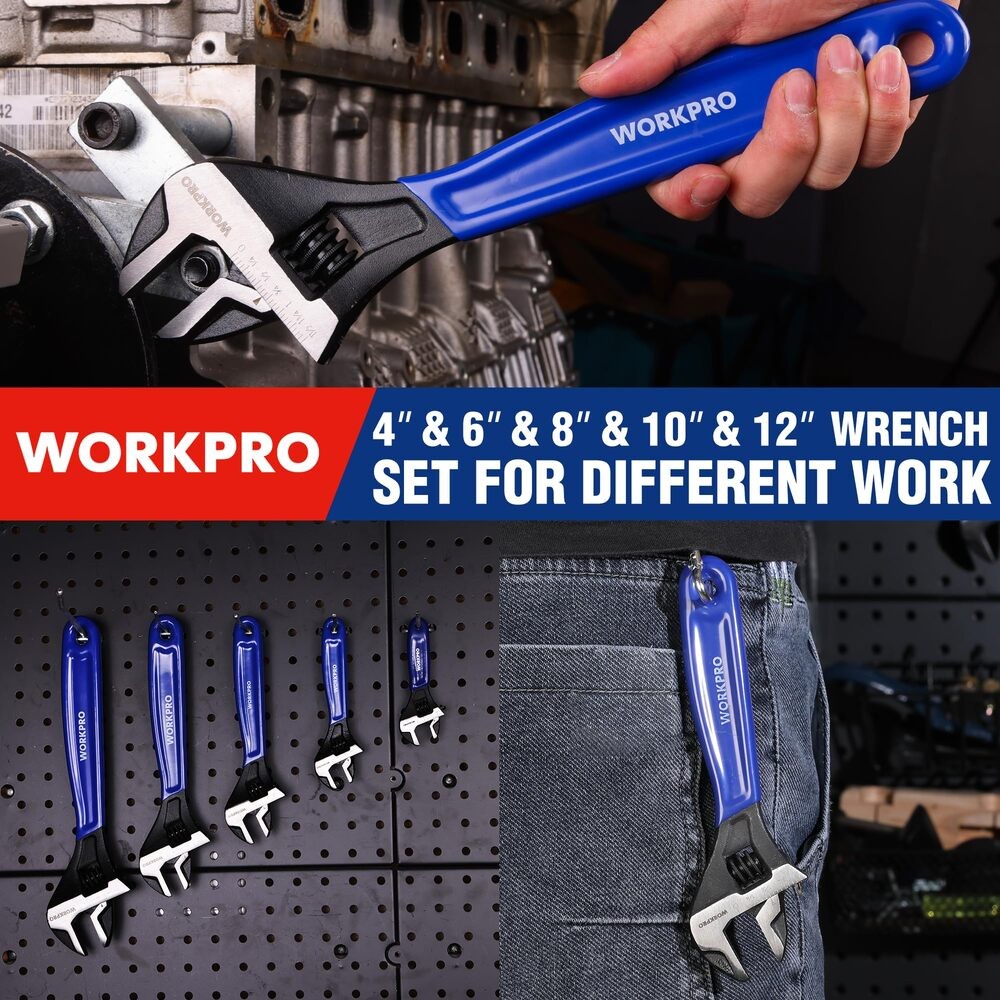 WORKPRO 5PCS Adjustable Wrench Set 4" 6" 8" 10" 12" Wide Jaw Metric & SAE Scales