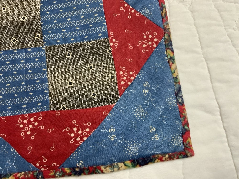 Antique Patchwork Quilt Table Topper, Four Patch W/ Triangles, Early Calicos