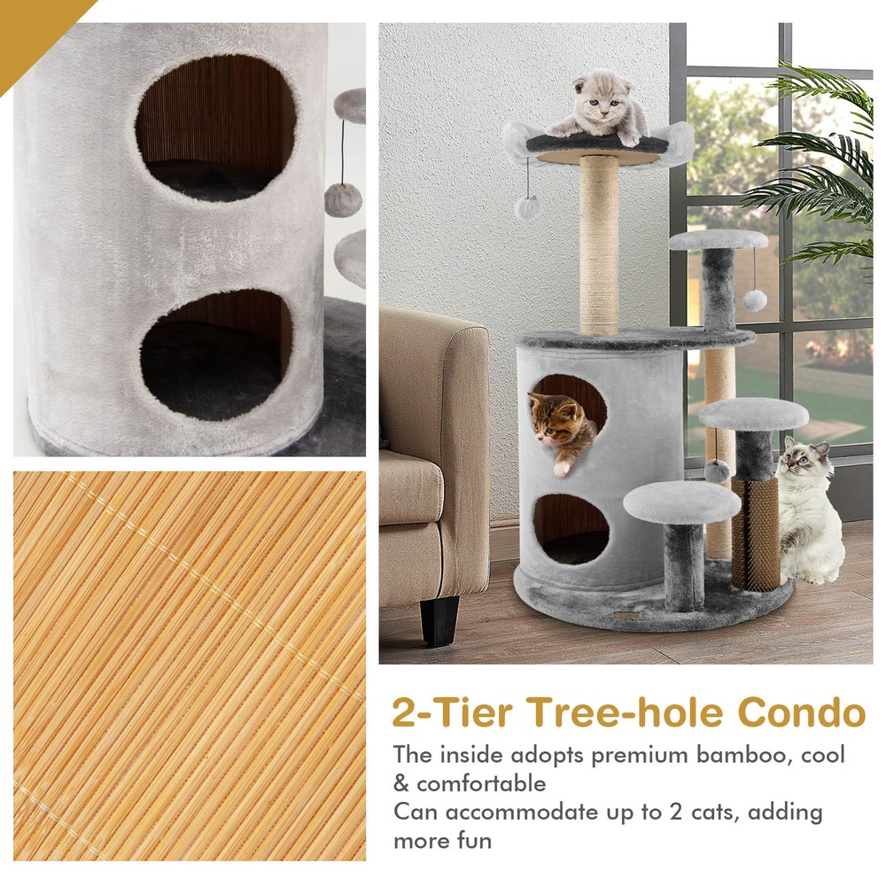 40" Cat Tree Tower Multi-Level Activity Tree with 2-Tier Cat-Hole Condo Grey