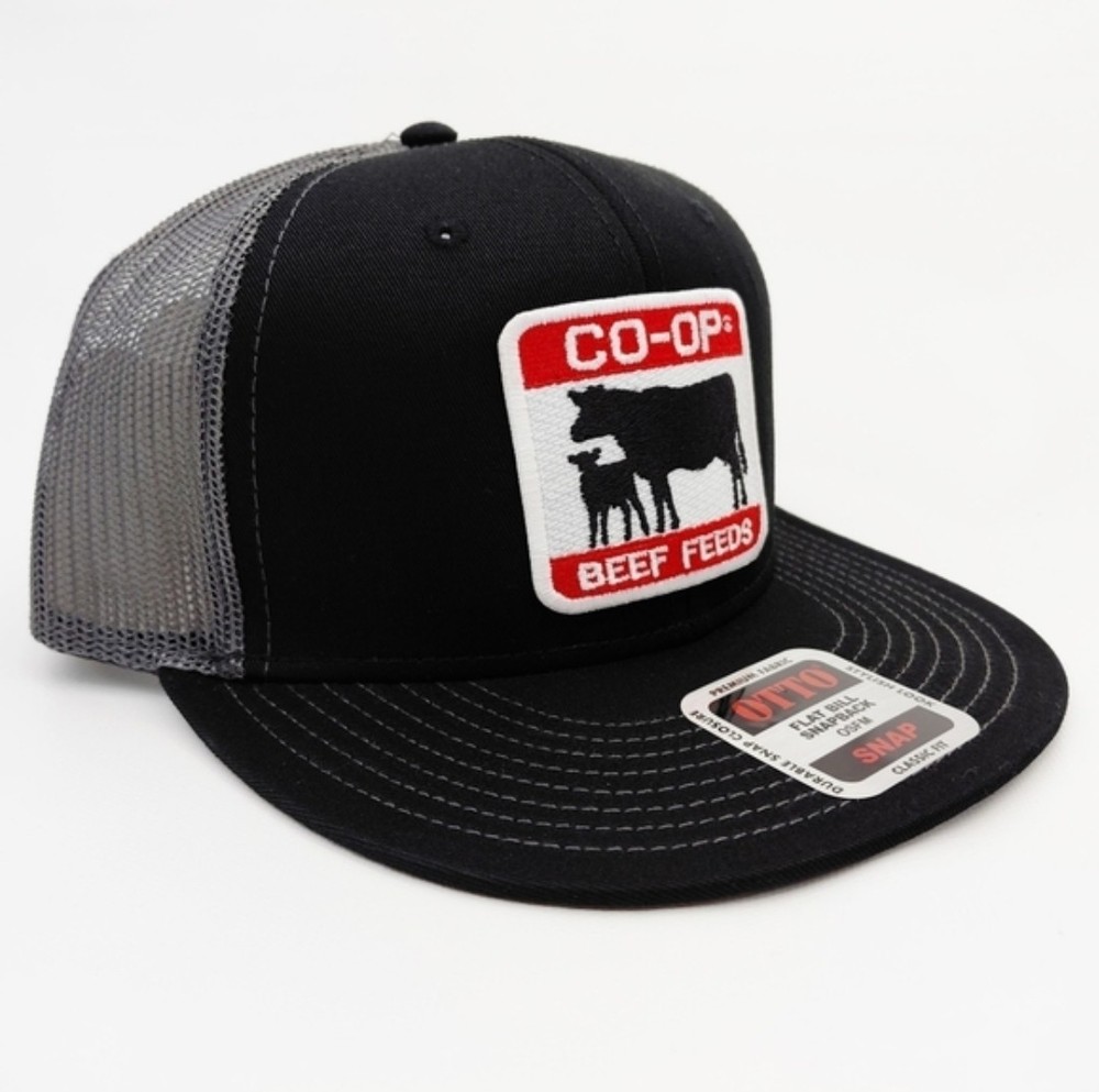 Co-Op Beef Feeds Flat Bill Trucker Cap Hat Mesh Snapback Embroidered Patch Farm