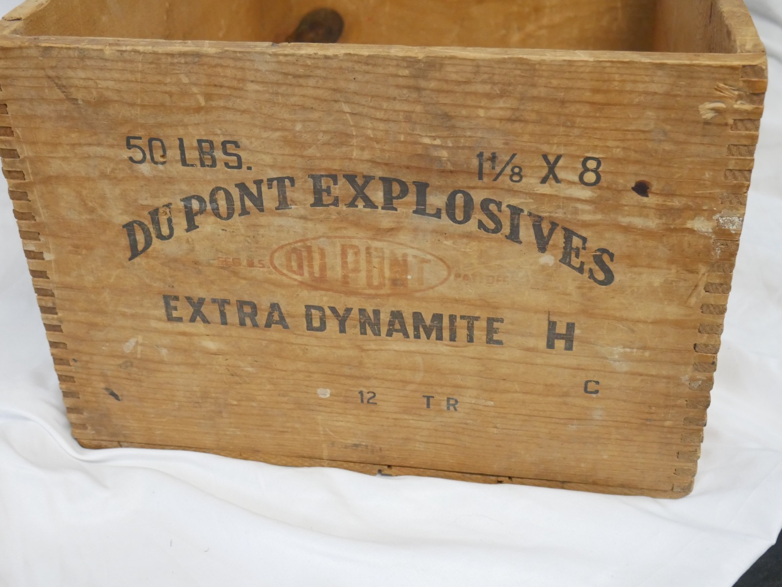 Vintage DuPont Extra Dynamite Explosives Wood Box 50 lbs- 1 1/8 x 8