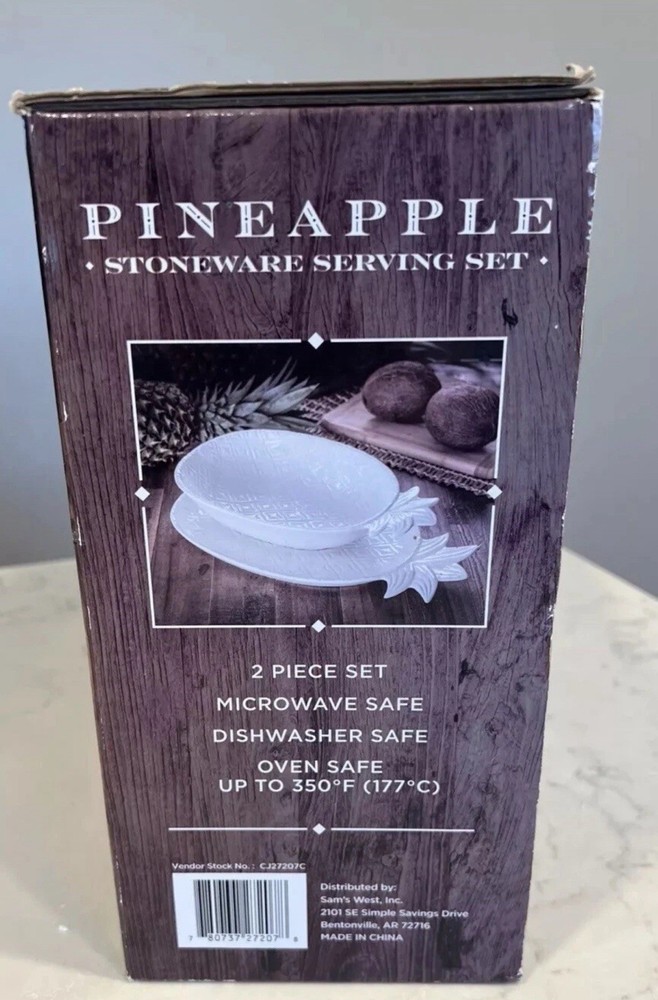 Stoneware 2pc Serving Set White Embossed Pineapple Bowl & Platter NEW Open Box