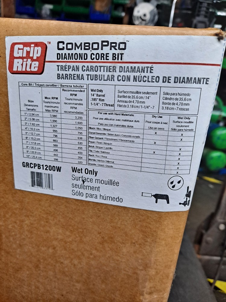 New GripRite GRCPB1200W 12" Diamond Core Bit