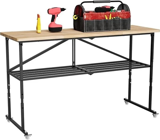 65"Workbench Adjustable Height Work Table 2000LBS Load Rubber Wood Top