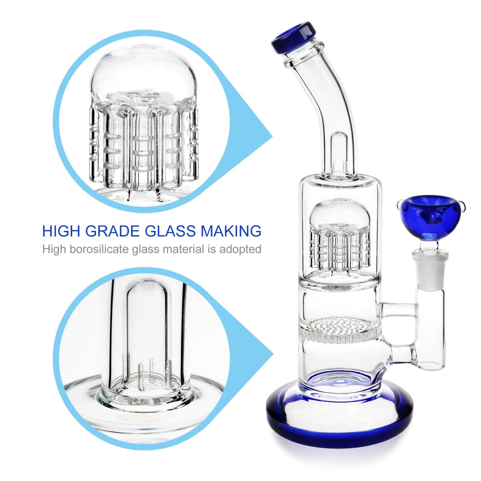 10" Blue Heavy Glass Bong Shisha Percolate Hookah Water Pipe w/ 14mm Bowl