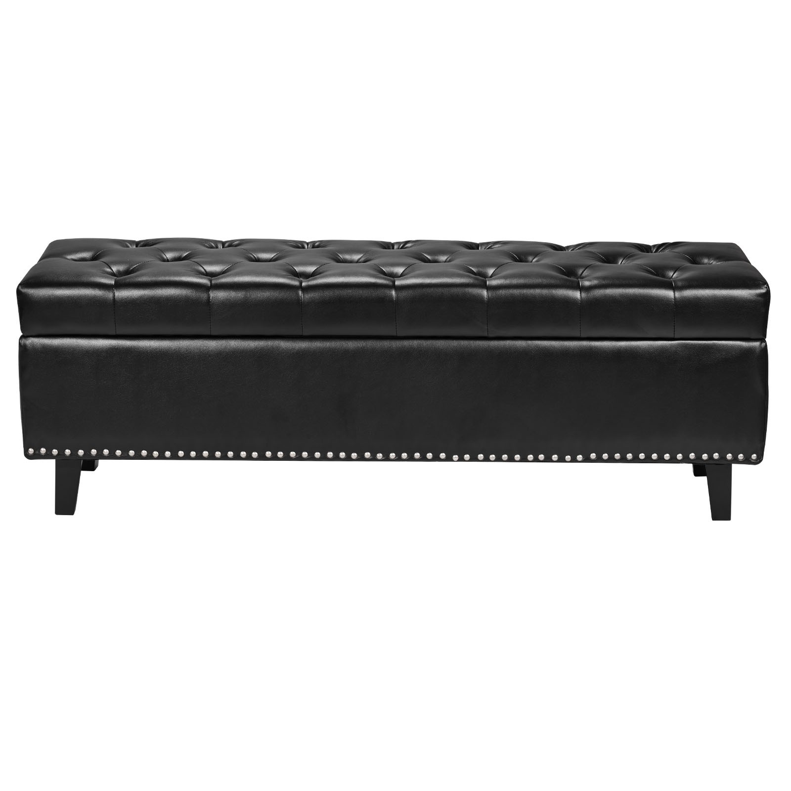 Button-Tufted Storage Ottoman Bench PU Leather Bench with Wood Legs Black