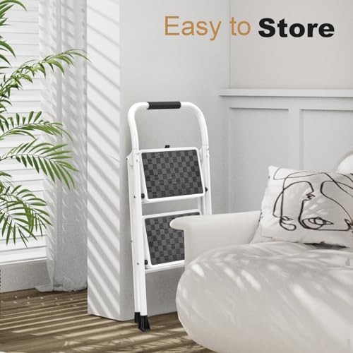 2 Step Ladder,2 Step Stool for Adults Folding Step Stool with 2-Step White