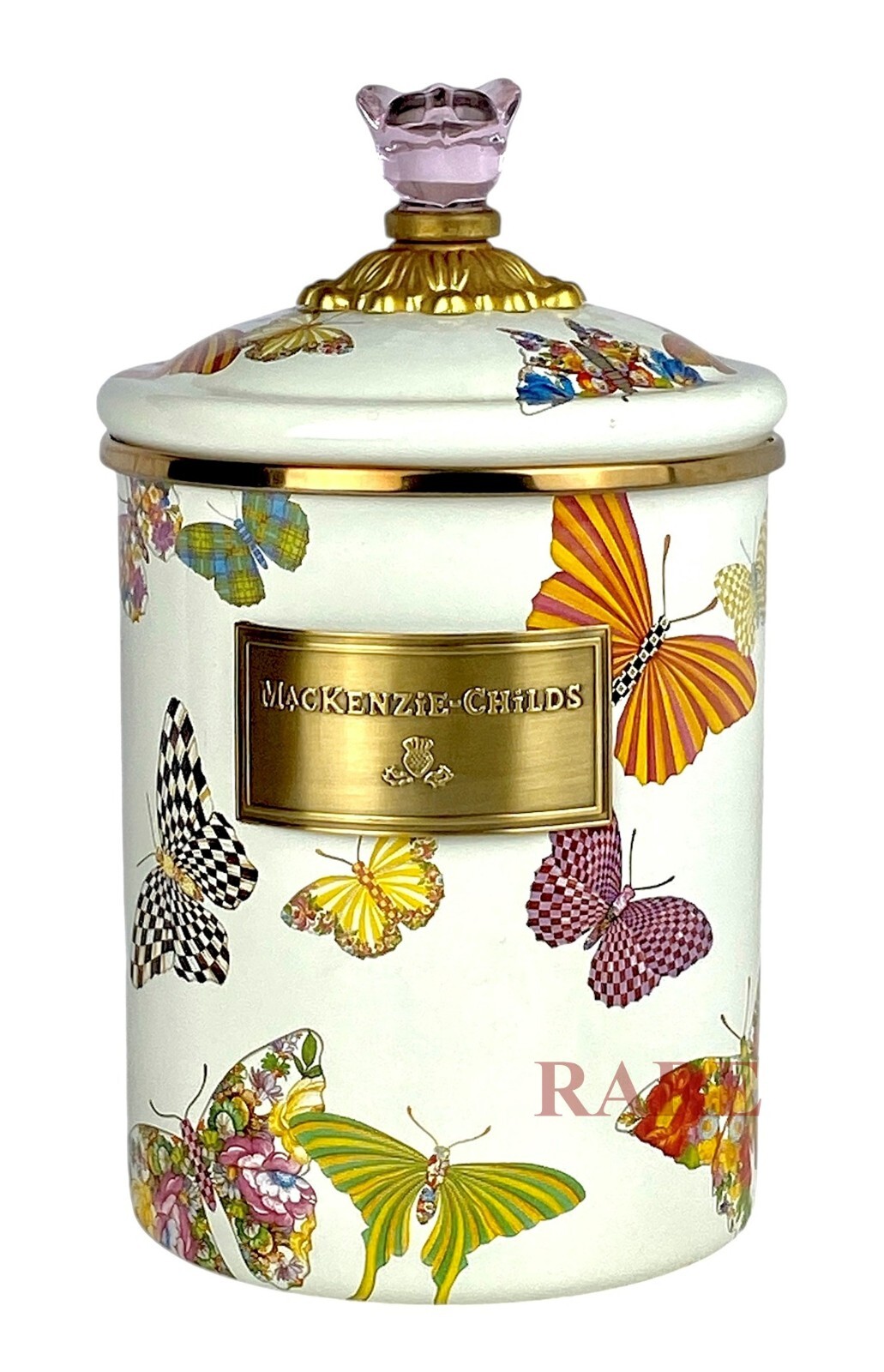 MacKenzie-Childs White Butterfly Garden Enameled Medium 8.5" Canister New No Box
