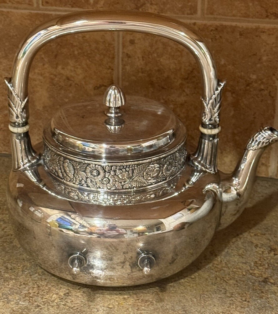 Gorham CO Victorian Silverplate Spirit Tea Kettle 0680  Hollowware, Floral 1860